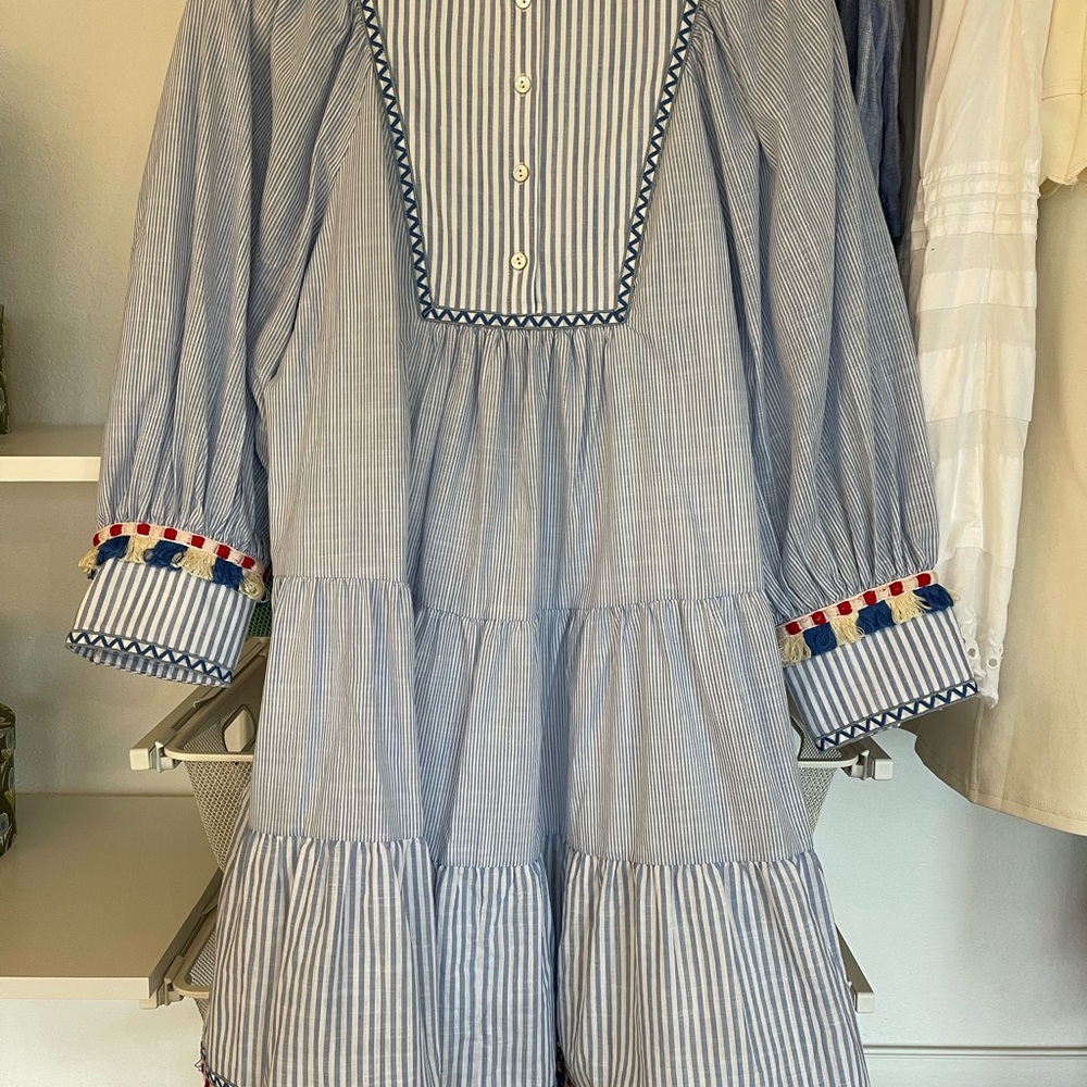 Tuckernuck Striped Blue Dress with Pom Pom Trim